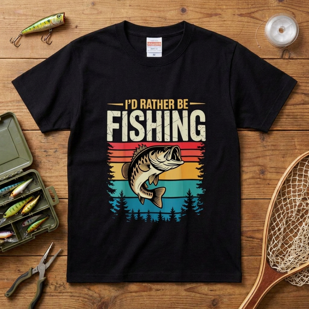 「I'D RATHER BE FISHING」レトロサンセット ブラックバスTシャツ | CASTMODE