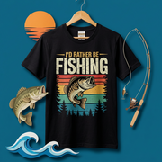 「I'D RATHER BE FISHING」レトロサンセット ブラックバスTシャツ | CASTMODE