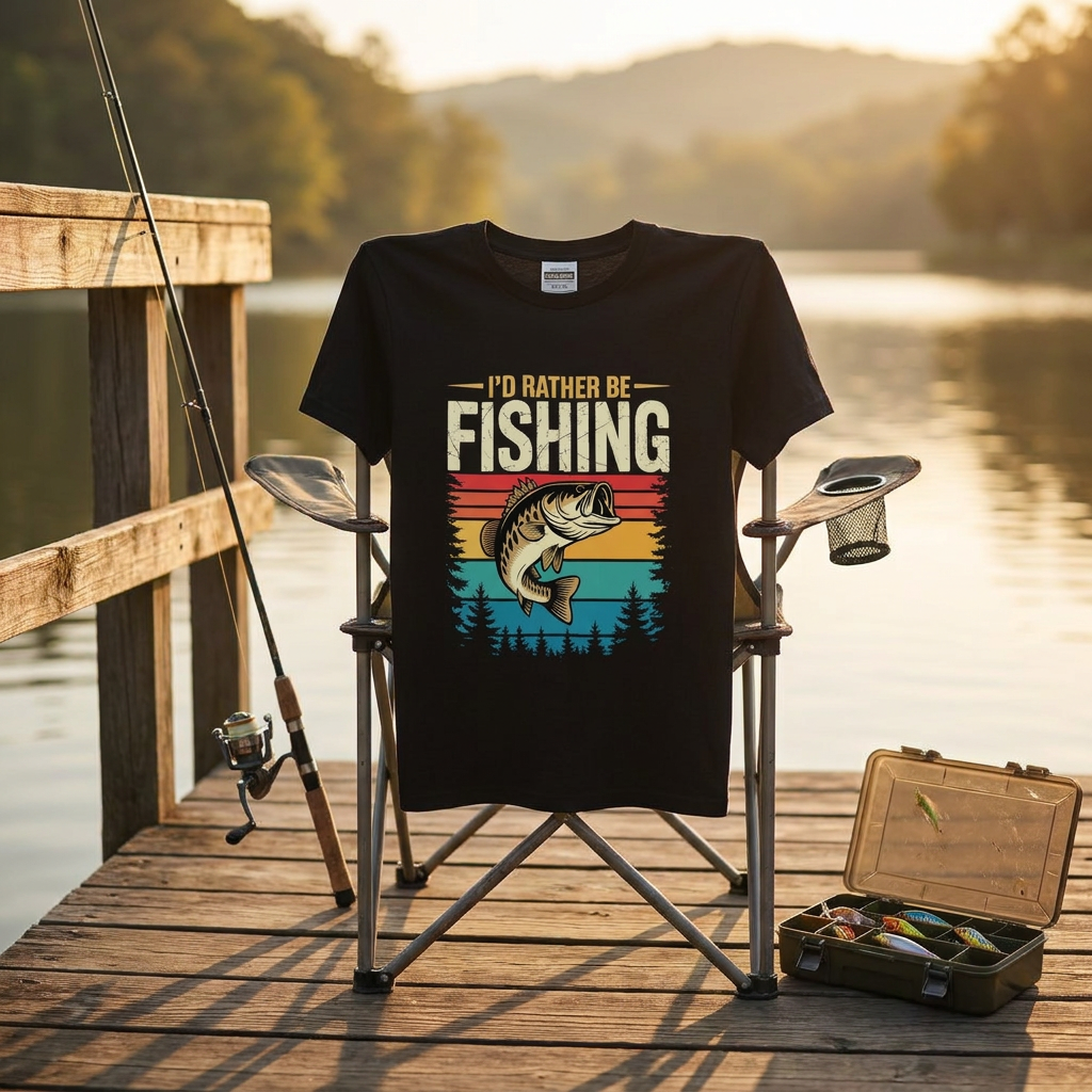 「I'D RATHER BE FISHING」レトロサンセット ブラックバスTシャツ | CASTMODE