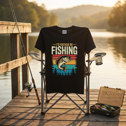 「I'D RATHER BE FISHING」レトロサンセット ブラックバスTシャツ | CASTMODE