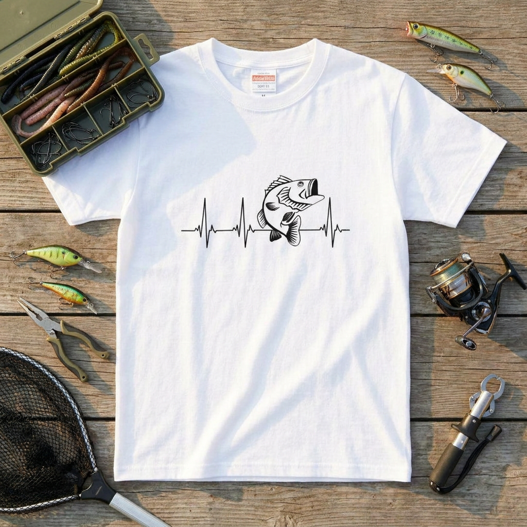 「Bass Heartbeat / 心電図」ミニマル ブラックバスTシャツ | CASTMODE