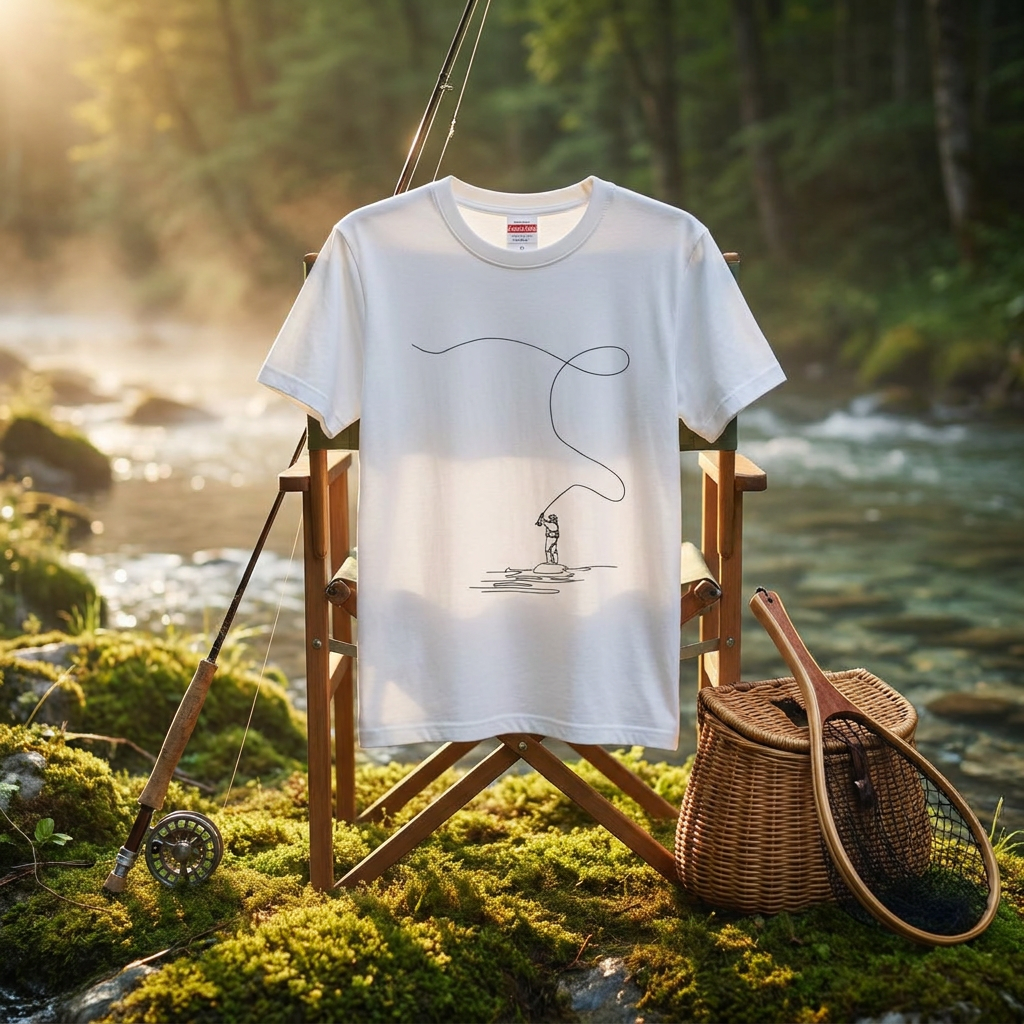 「Fly Line Casting」一筆描きアート メンズ フィッシングTシャツ | CASTMODE