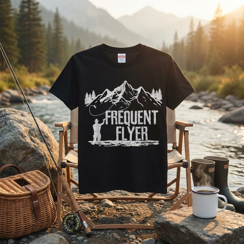 「FREQUENT FLYER」山並み＆フライフィッシングTシャツ | CASTMODE