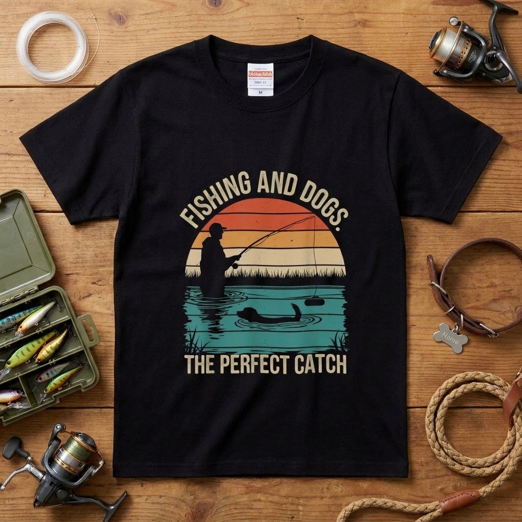 「FISHING AND DOGS」愛犬＆釣り レトロサンセットTシャツ | CASTMODE