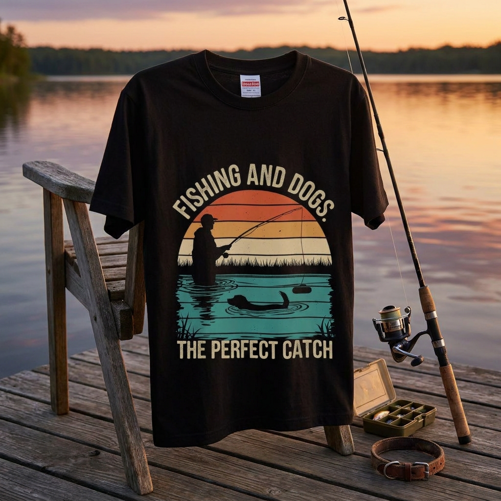「FISHING AND DOGS」愛犬＆釣り レトロサンセットTシャツ | CASTMODE
