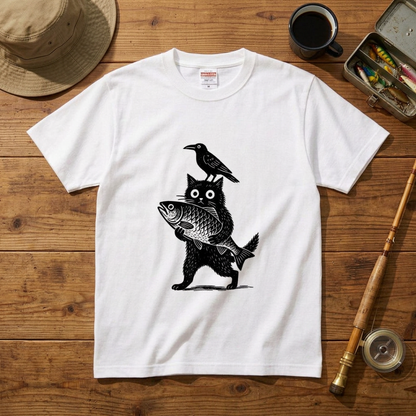 「魚を抱く黒猫とカラス」木版画風 ホワイトアートTシャツ | CASTMODE