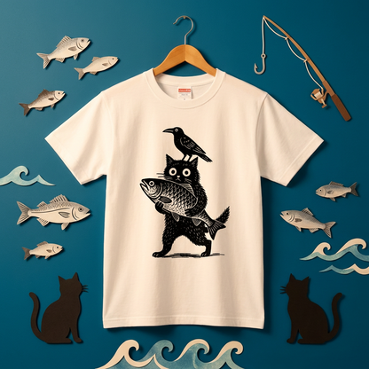 「魚を抱く黒猫とカラス」木版画風 ホワイトアートTシャツ | CASTMODE