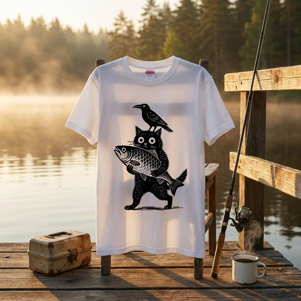 「魚を抱く黒猫とカラス」木版画風 ホワイトアートTシャツ | CASTMODE