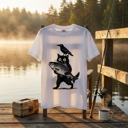 「魚を抱く黒猫とカラス」木版画風 ホワイトアートTシャツ | CASTMODE