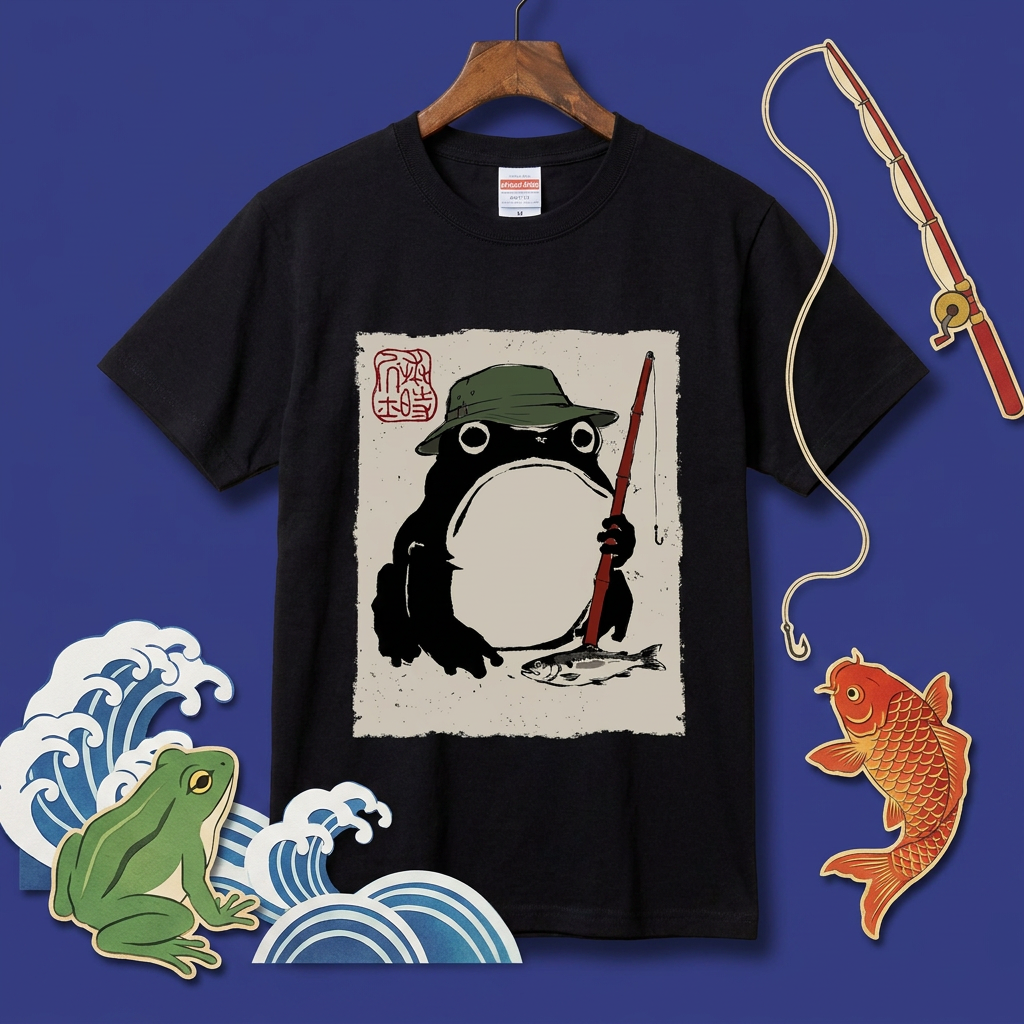 「Japanese Frog Angler」和モダン カエル絵図Tシャツ