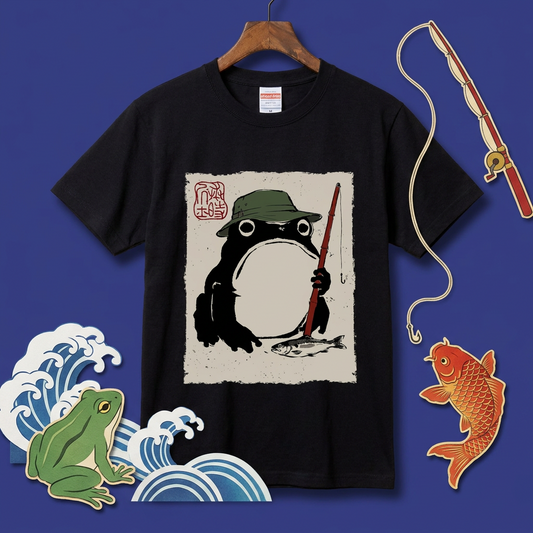 「Japanese Frog Angler」和モダン カエル絵図 Tシャツ