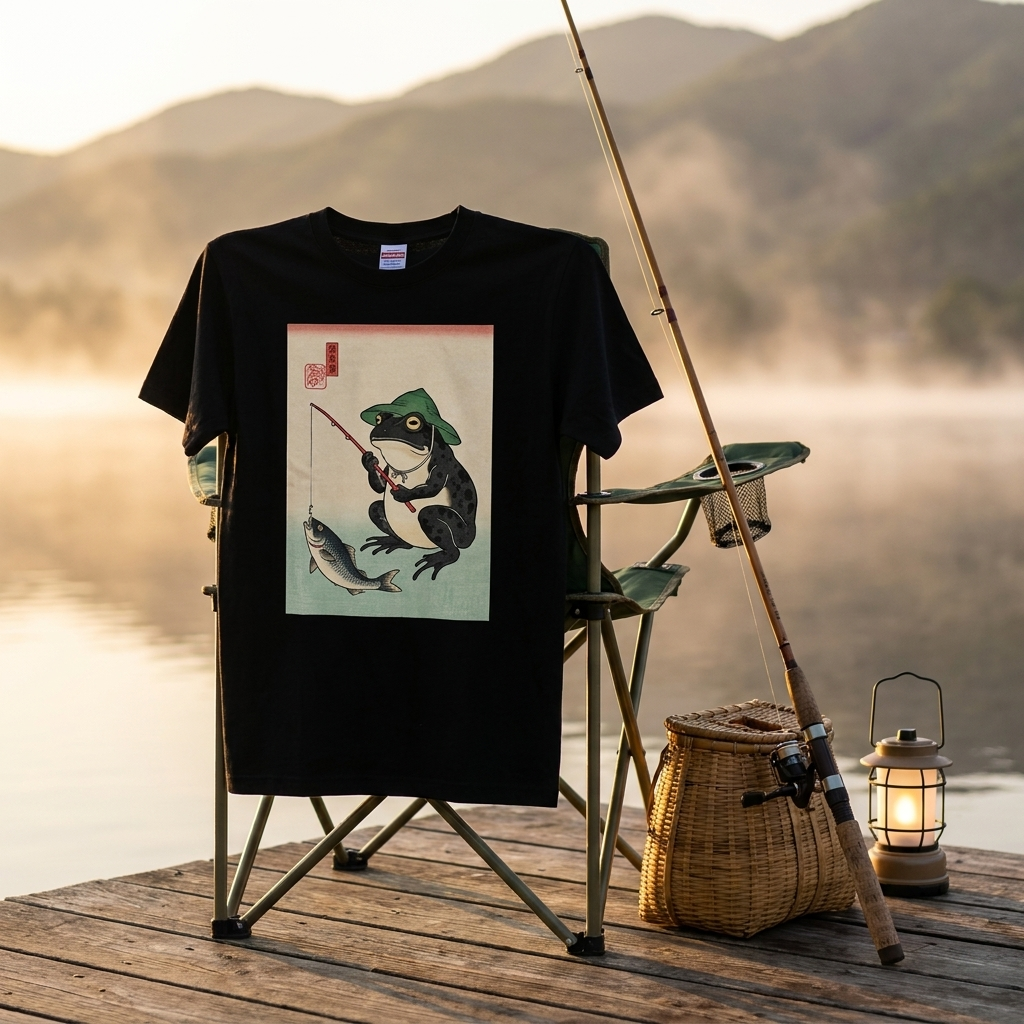 「Japanese Frog Angler」和モダン カエル絵図Tシャツ