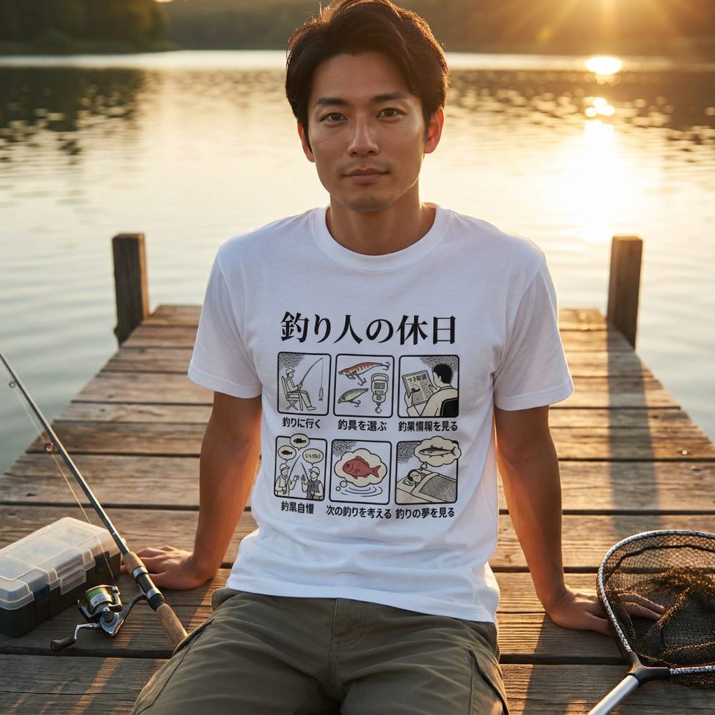 「釣り人の休日」6コマ漫画風 おもしろ白Tシャツ | CASTMODE