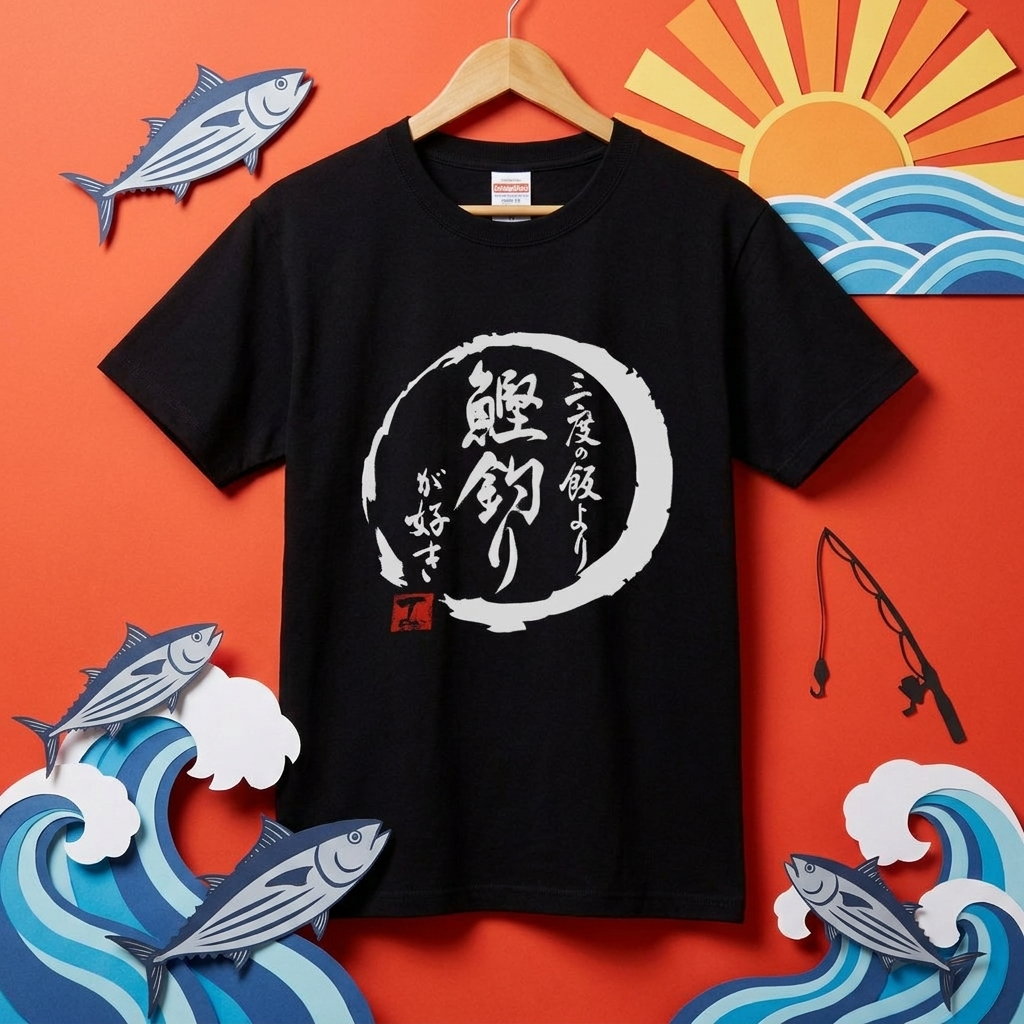 「三度の飯より鰹釣りが好き」和柄 筆文字 漢字黒Tシャツ | CASTMODE
