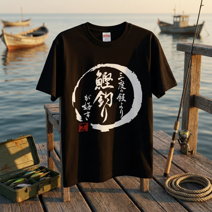 「三度の飯より鰹釣りが好き」和柄 筆文字 漢字黒Tシャツ | CASTMODE