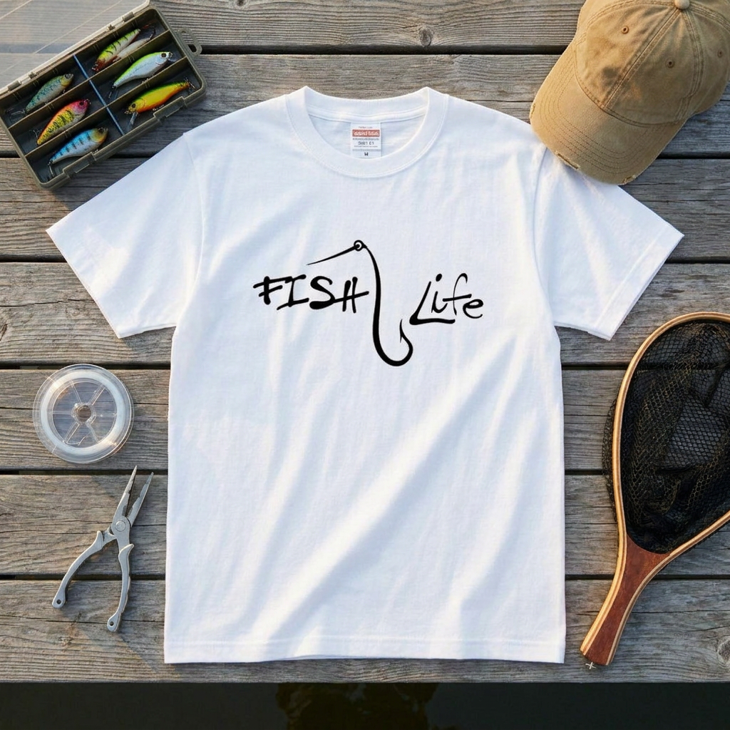 「FISH Life」フックタイポグラフィ ミニマル白Tシャツ | CASTMODE