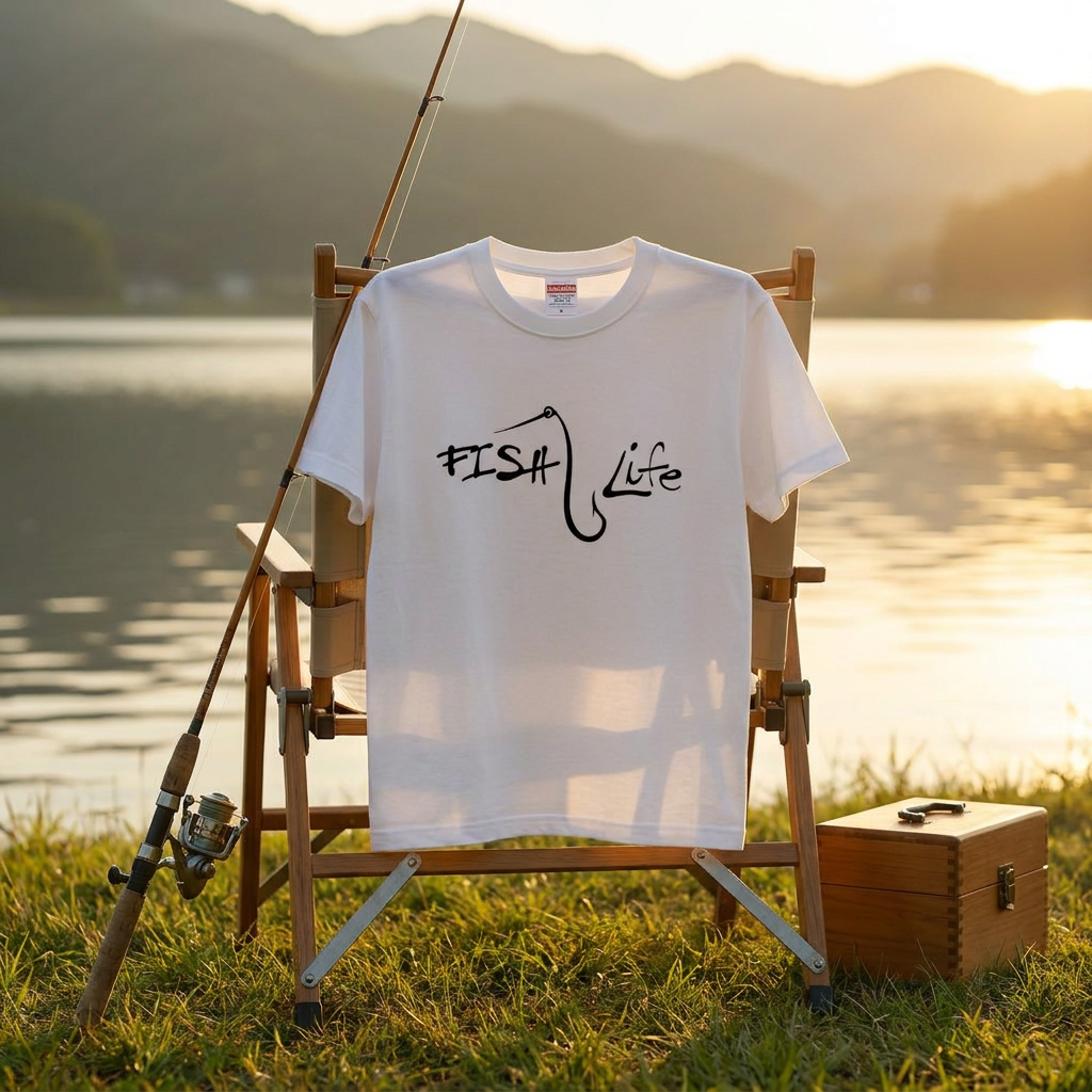 「FISH Life」フックタイポグラフィ ミニマル白Tシャツ | CASTMODE