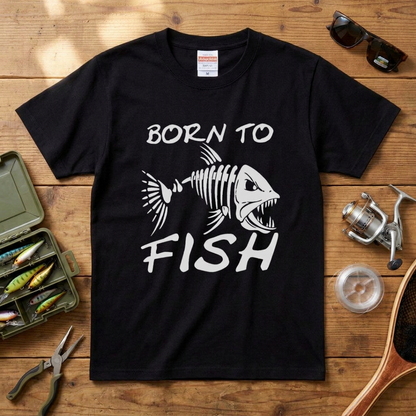 「BORN TO FISH」フィッシュスカル（魚骨）ストリート風黒Tシャツ | CASTMODE