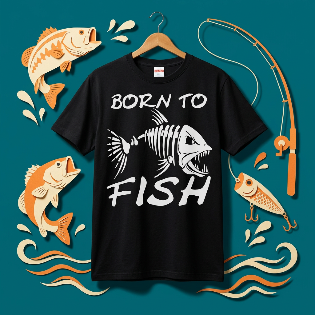 「BORN TO FISH」フィッシュスカル（魚骨）ストリート風黒Tシャツ | CASTMODE
