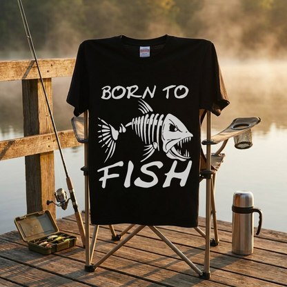 「BORN TO FISH」フィッシュスカル（魚骨）ストリート風黒Tシャツ | CASTMODE