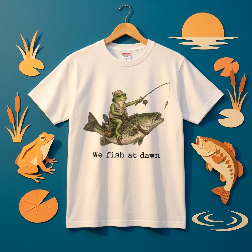 「We Fish at Dawn」ブラックバスに跨るカエル ヴィンテージ風Tシャツ | CASTMODE