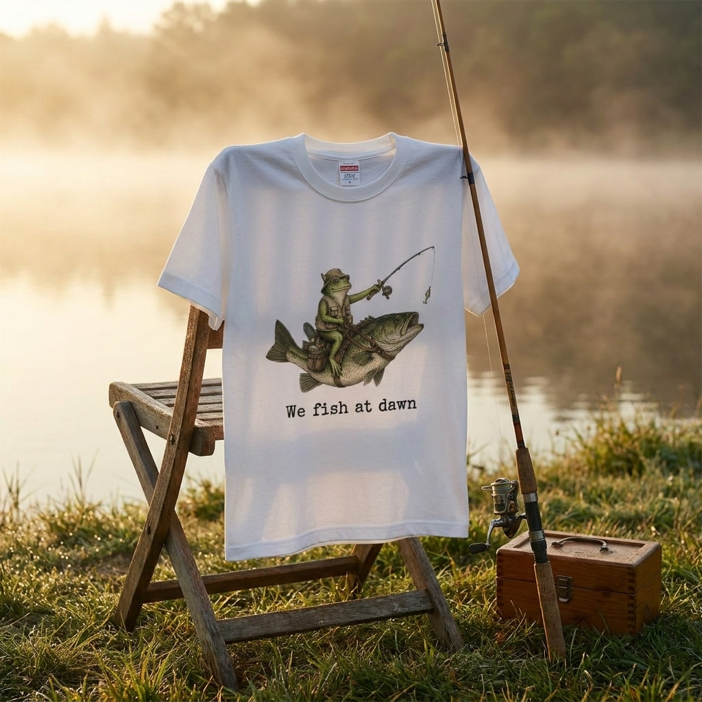 「We Fish at Dawn」ブラックバスに跨るカエル ヴィンテージ風Tシャツ | CASTMODE