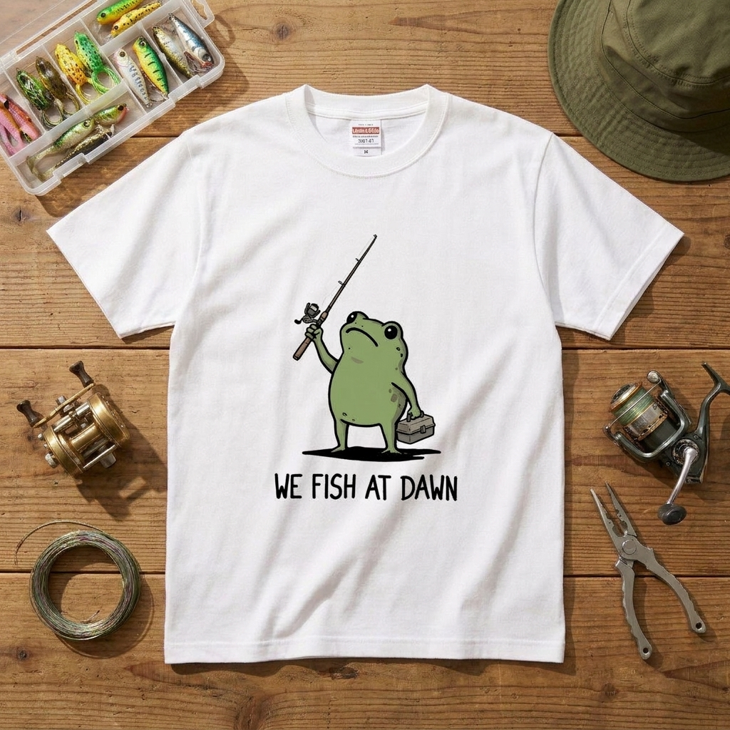 「WE FISH AT DAWN」タックルボックスとカエルTシャツ