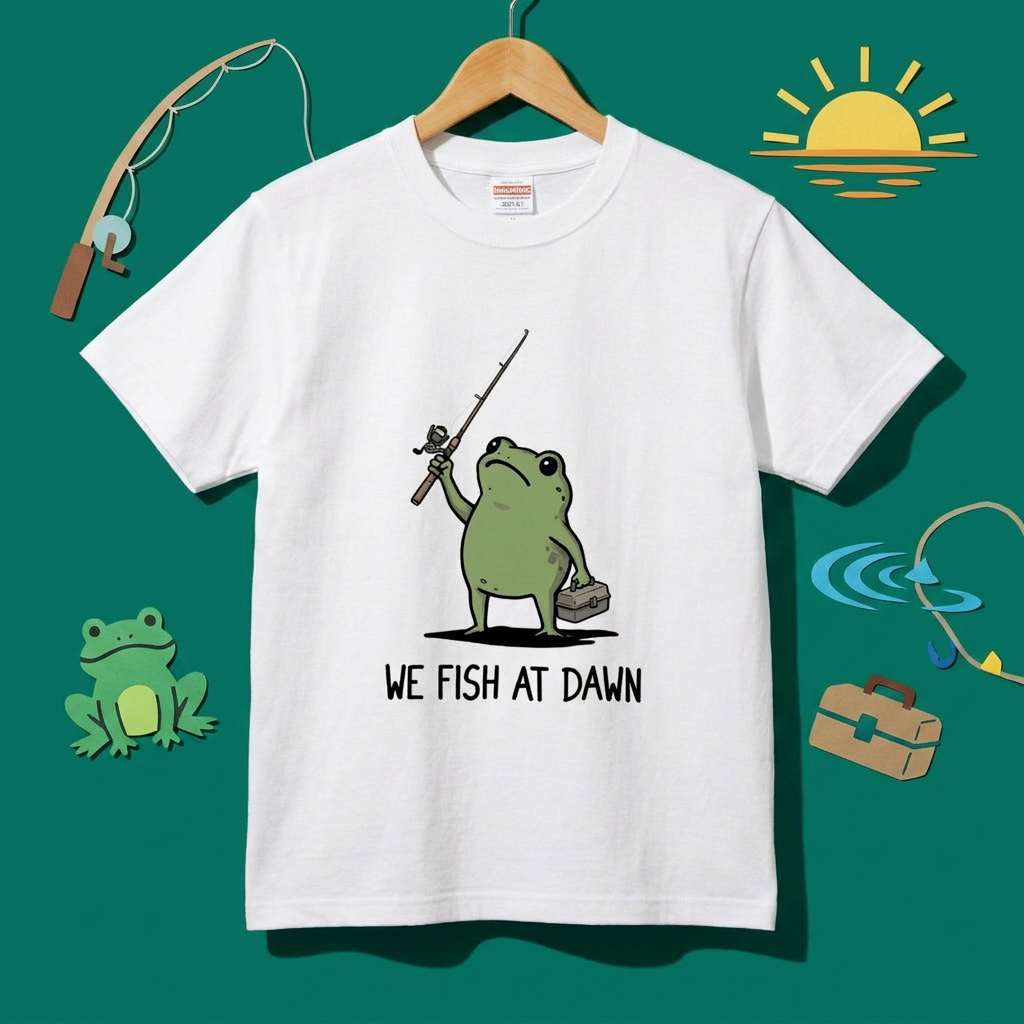 「WE FISH AT DAWN」タックルボックスとカエルTシャツ