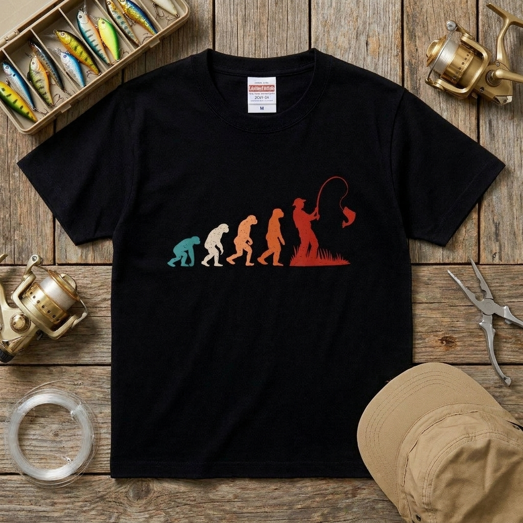 人類の進化（エボリューション）釣り人Tシャツ