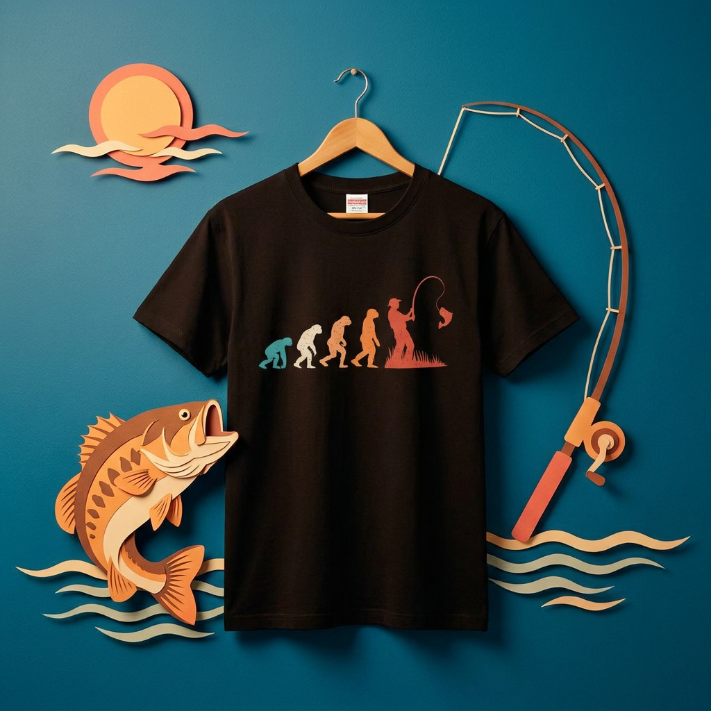 人類の進化（エボリューション）釣り人Tシャツ
