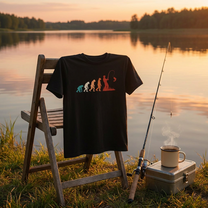 人類の進化（エボリューション）釣り人Tシャツ