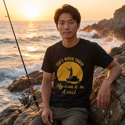 CAN'T WORK TODAY 釣りダジャレ英字 サンセット黒Tシャツ | CASTMODE