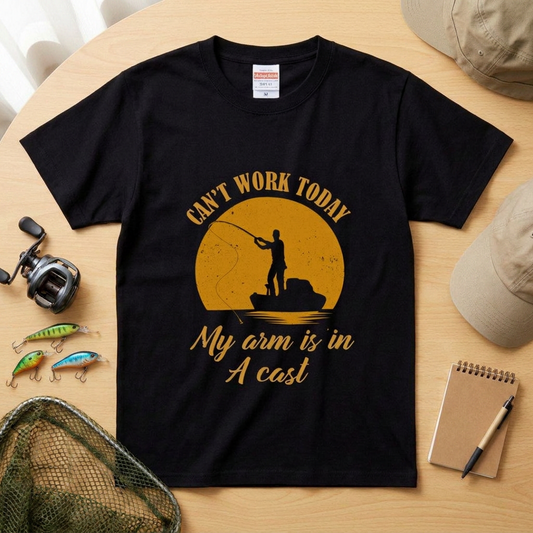 CAN'T WORK TODAY 釣りダジャレ英字 サンセット黒Tシャツ | CASTMODE