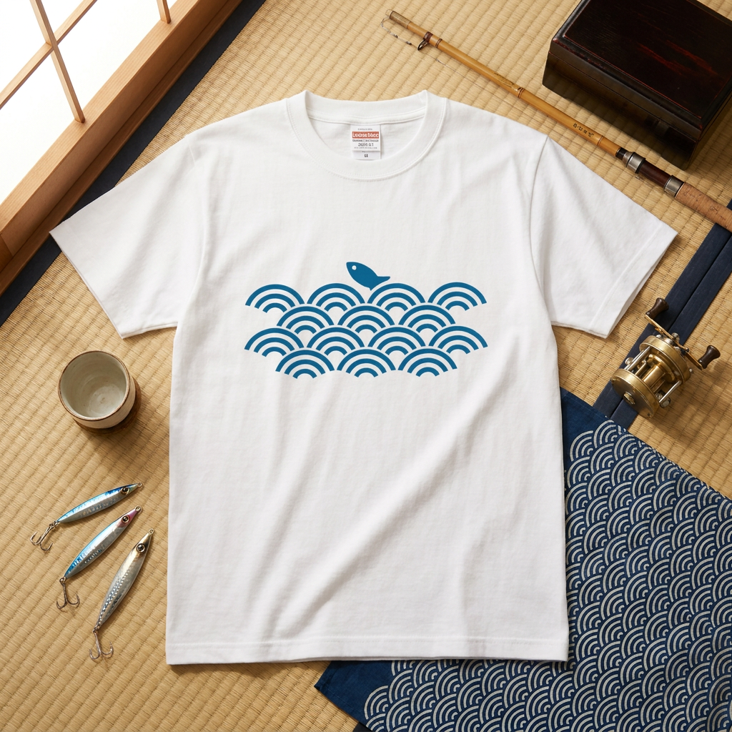 青海波と魚 ワンポイントTシャツ｜和柄・藍色