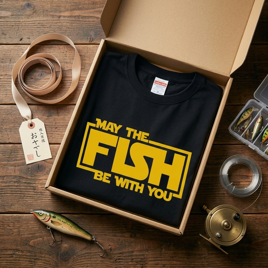 【MAY THE FISH BE WITH YOU】おもしろ 釣りジョーク黒Tシャツ | CASTMODE