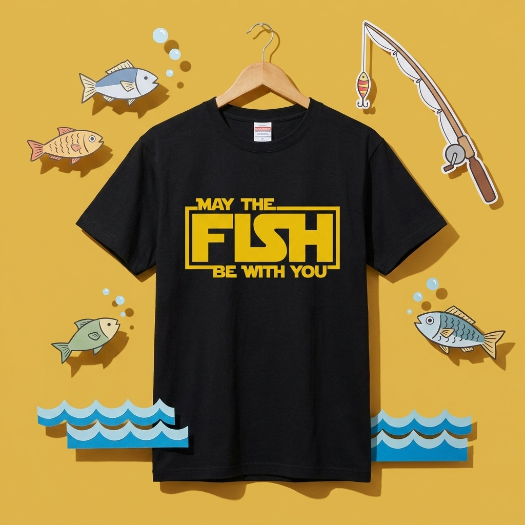 【MAY THE FISH BE WITH YOU】おもしろ 釣りジョーク黒Tシャツ | CASTMODE