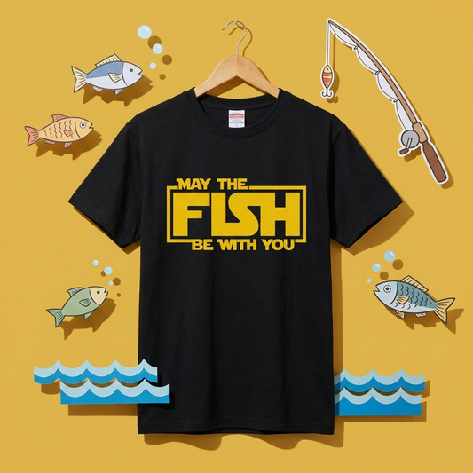 【MAY THE FISH BE WITH YOU】おもしろ 釣りジョーク黒Tシャツ | CASTMODE