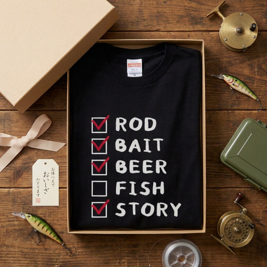 【ROD, BAIT, BEER, FISH, STORY】おもしろ 釣りチェックリスト黒Tシャツ | CASTMODE