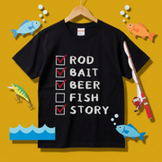 【ROD, BAIT, BEER, FISH, STORY】おもしろ 釣りチェックリスト黒Tシャツ | CASTMODE