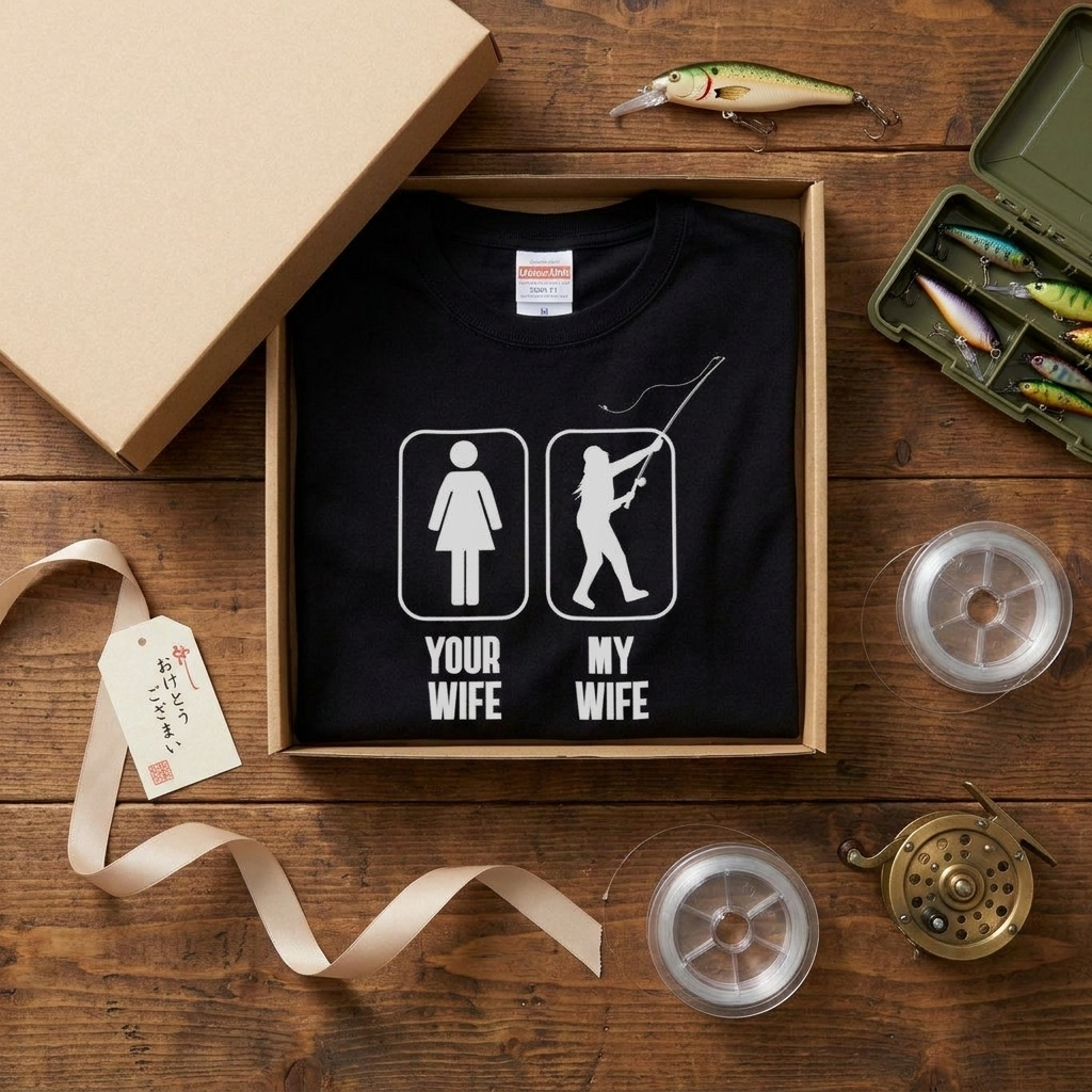 【YOUR WIFE vs MY WIFE】おもしろ 釣りジョーク黒Tシャツ | CASTMODE