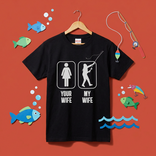 【YOUR WIFE vs MY WIFE】おもしろ 釣りジョーク黒Tシャツ | CASTMODE