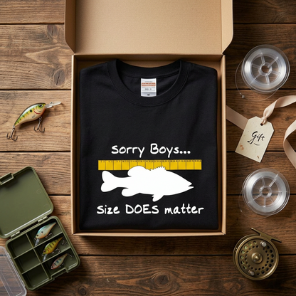 【Sorry Boys... Size DOES matter】おもしろ 釣りジョーク黒Tシャツ | CASTMODE