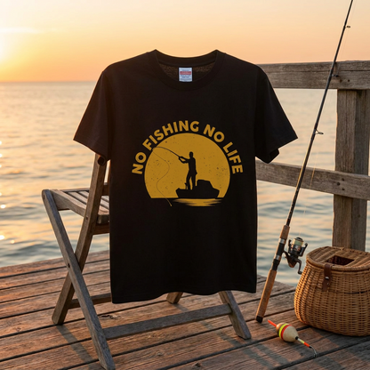 「NO FISHING NO LIFE」夕日の船釣りTシャツ