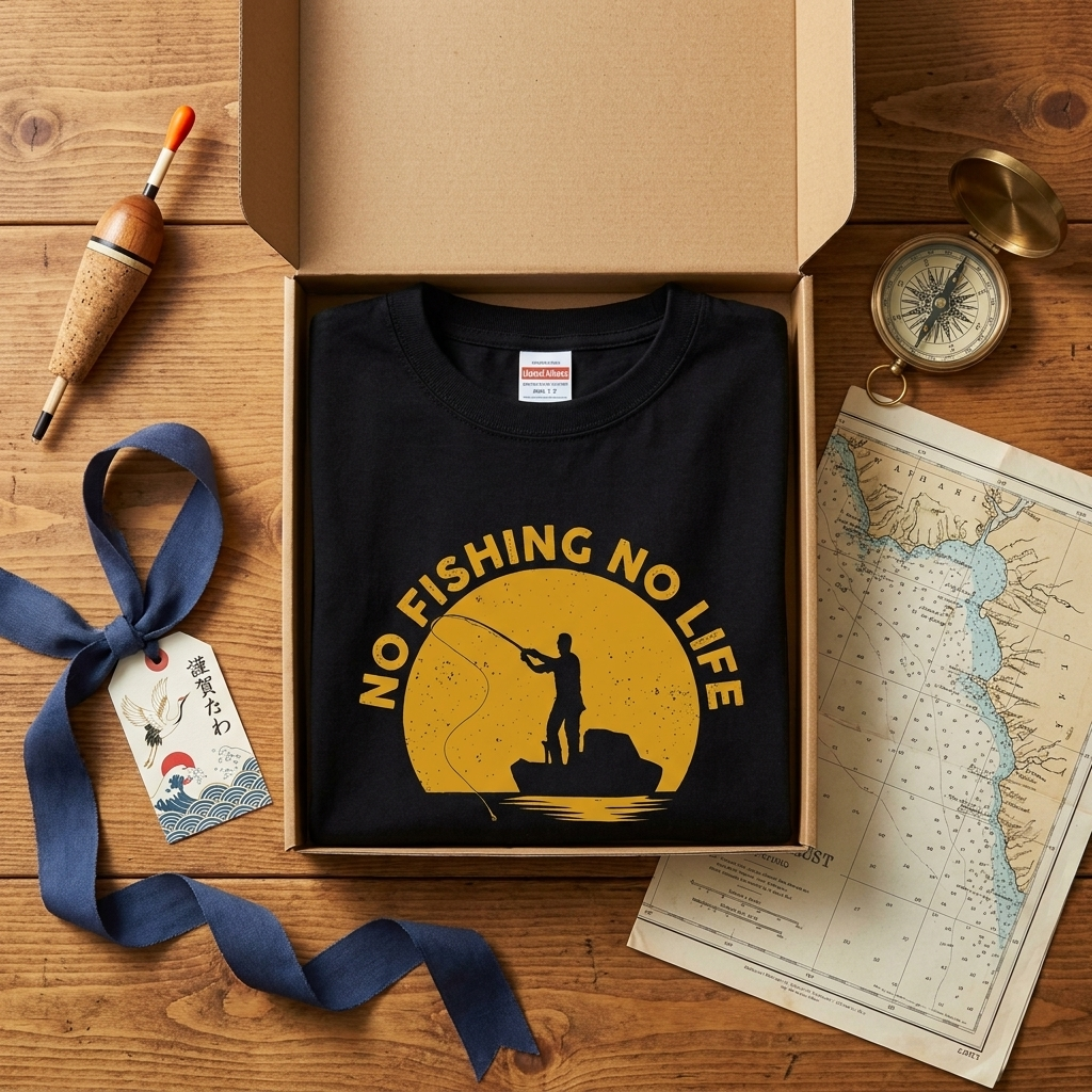 「NO FISHING NO LIFE」夕日の船釣りTシャツ