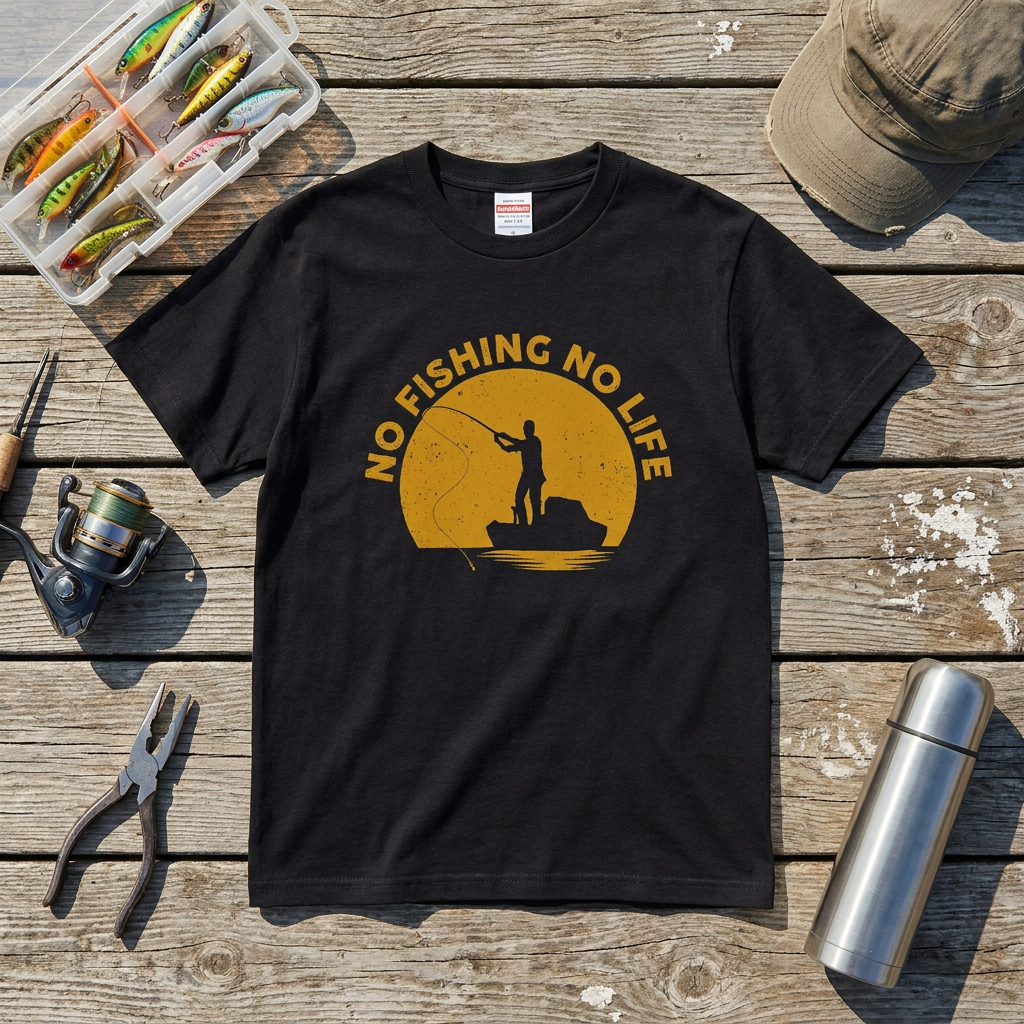 「NO FISHING NO LIFE」夕日の船釣りTシャツ