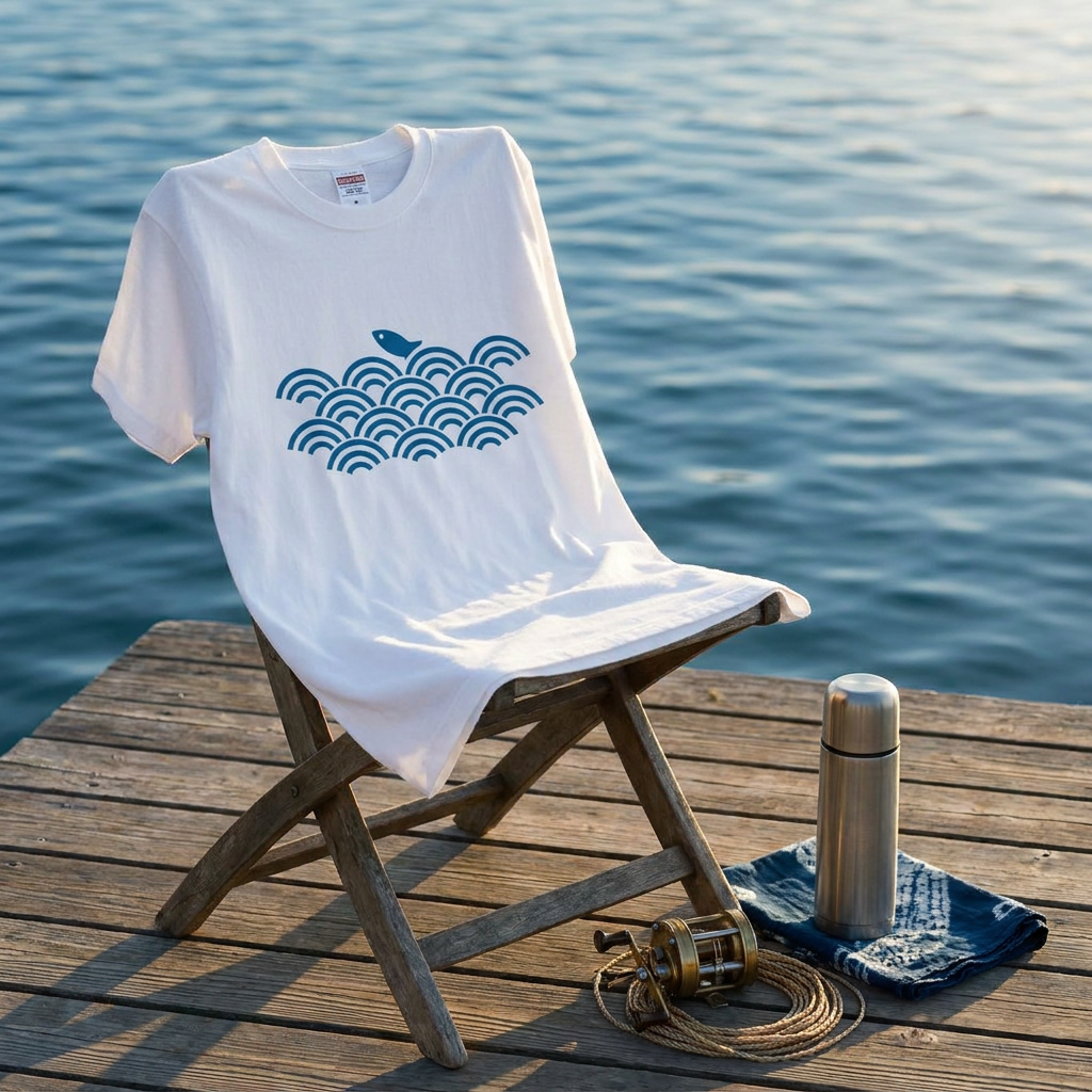 青海波と魚 ワンポイントTシャツ｜和柄・藍色