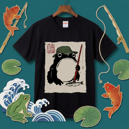 「Japanese Frog Angler」和モダン カエル絵図Tシャツ