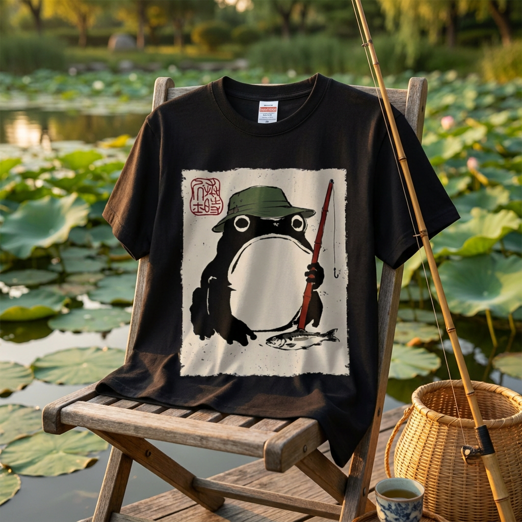 「Japanese Frog Angler」和モダン カエル絵図Tシャツ