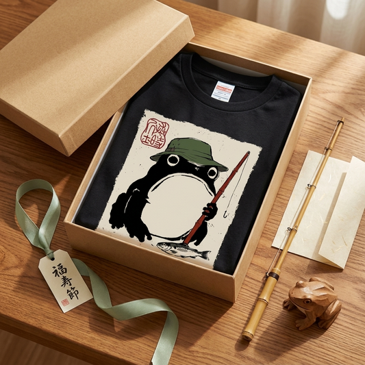 「Japanese Frog Angler」和モダン カエル絵図 Tシャツ