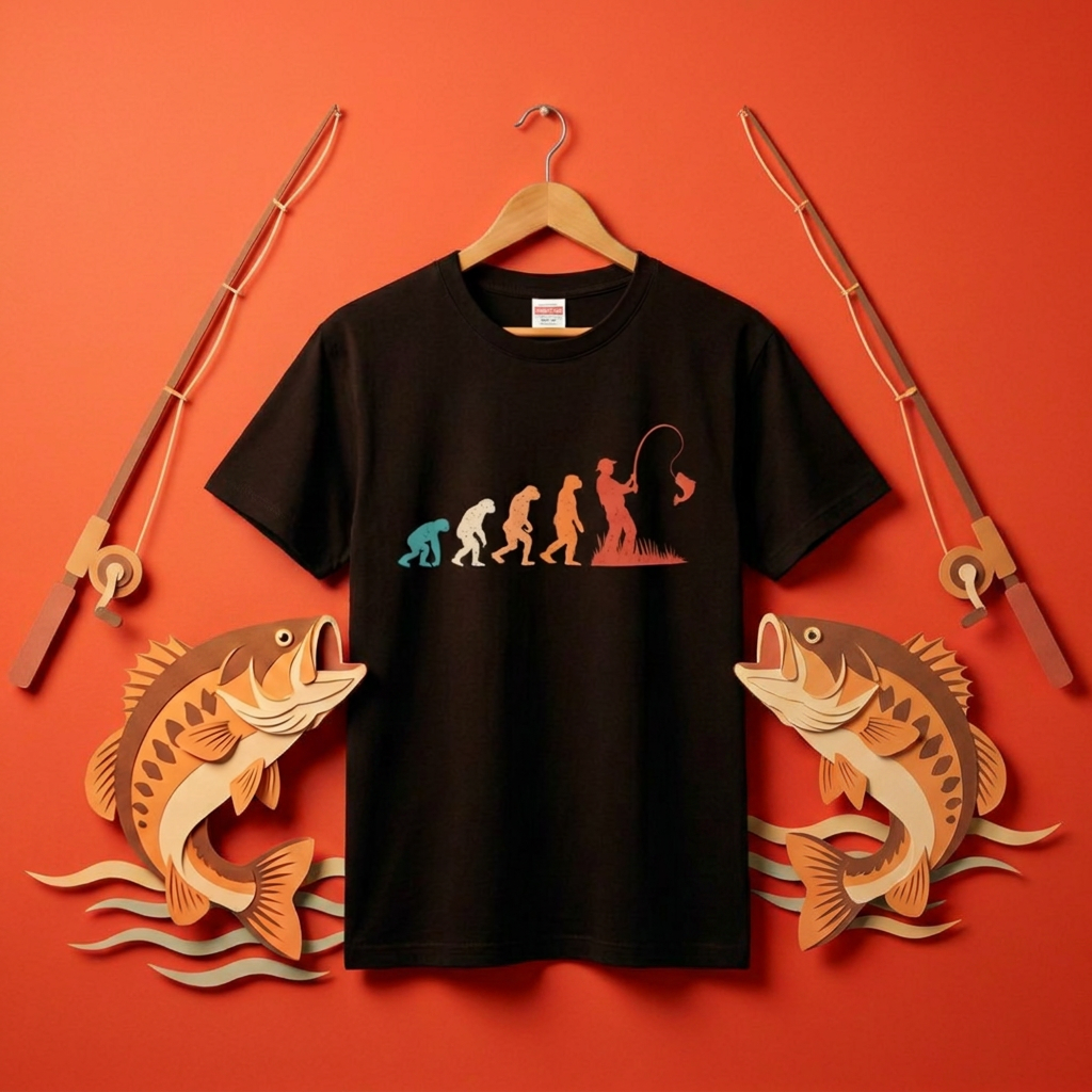 人類の進化（エボリューション）釣り人Tシャツ